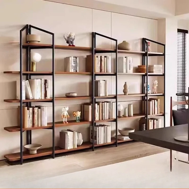 

Modern simple solid wood bookshelf porch multi-layer storage display shelf living room against the wall floor wrought iron shelf
