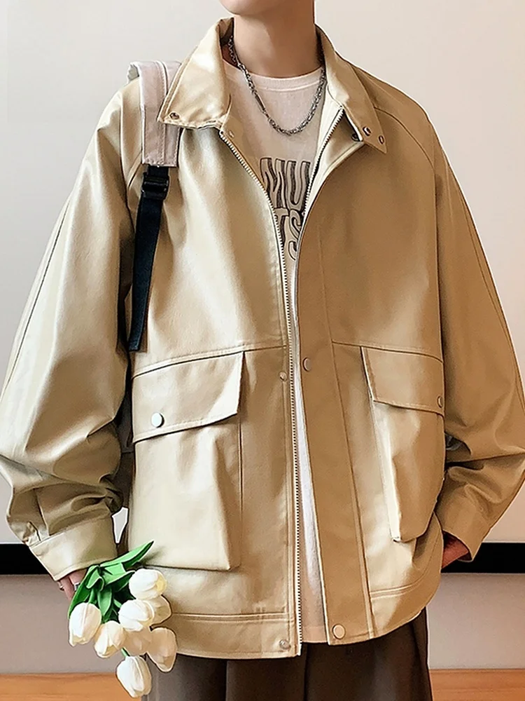 

Rn American Casual PU Leather Jaet Men's New Sle Autumn Faion Brand Haome Turn-down Collar Jaet