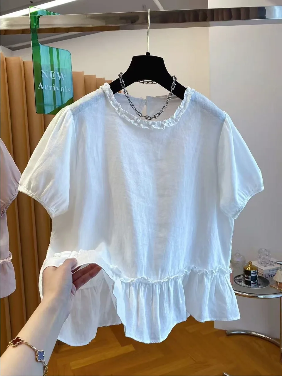 

Loose Women's Short Sleeve Shirt Babydoll Top Lace Trim Summer New Style Breathable Linen Material Comfortable Wearing Style