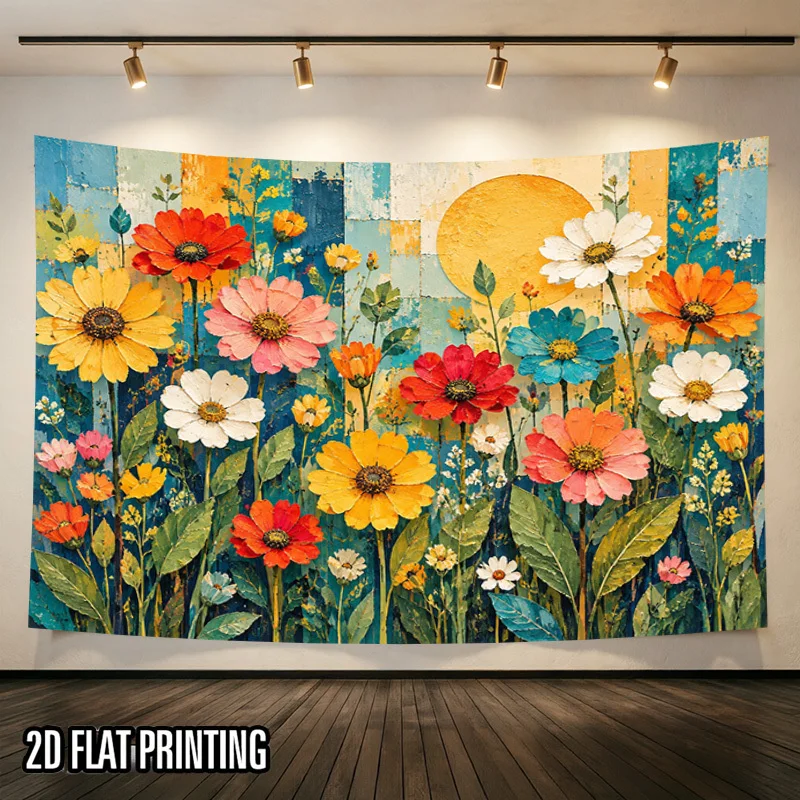 Patchwork Floral Tapestry, Bright Wild Daisy & Round Sun Scene, Aesthetic Tapestry for Reading Nook Room Background Decor