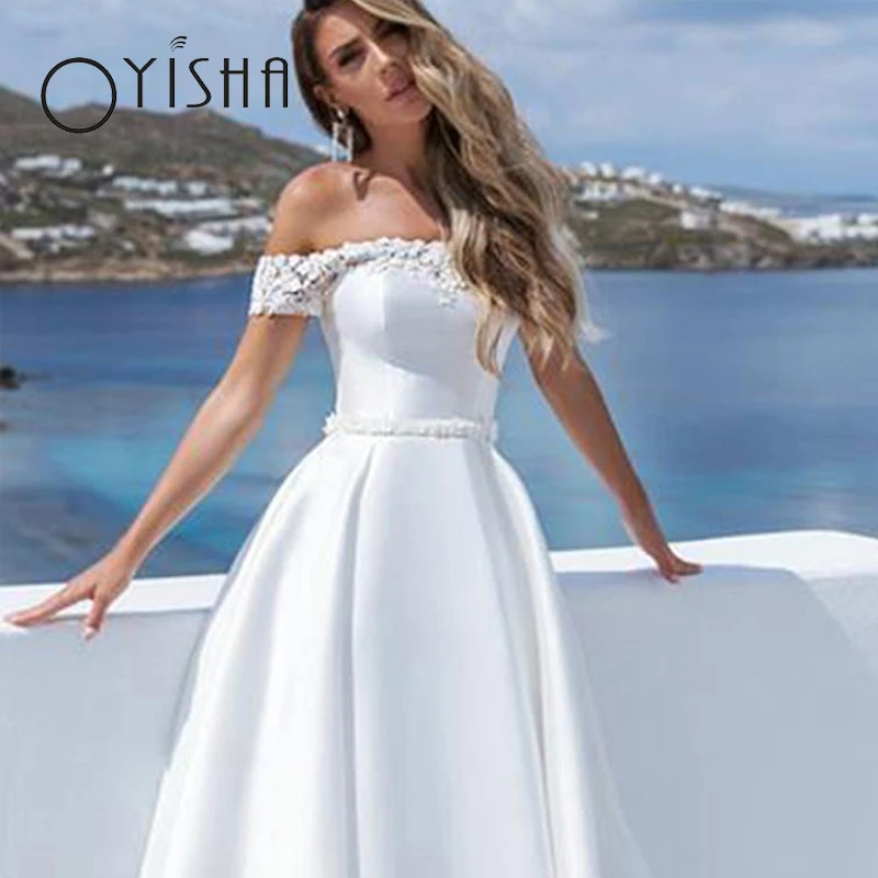 OYISHA 2023 Off Shoulder Backless Vestidos De Novia Elegant Boat Neck  Bridal Gown Simple Satin A-Line Wedding Dresses For Women