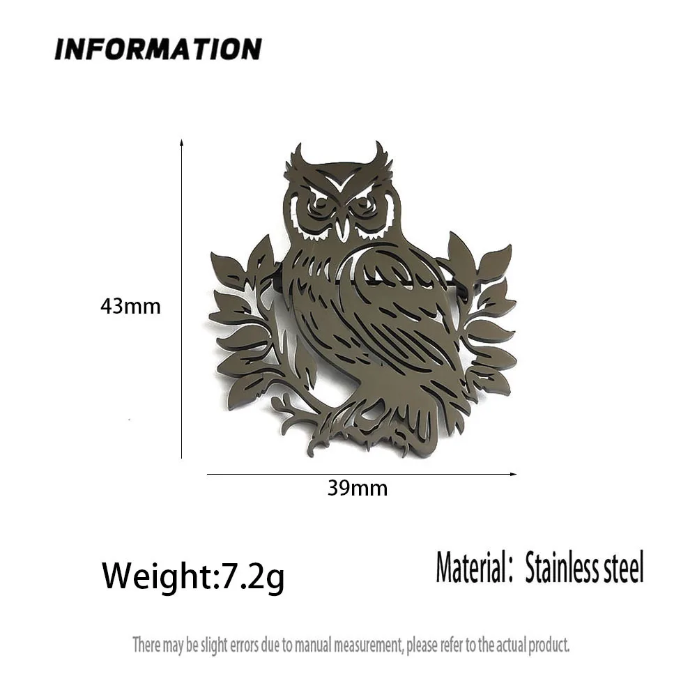 Owl with Leaves Brooch Unisex Stainless Steel Lapel Pin Retro Animal Badge Suit Collar Decor Fashion Jewelry Gift