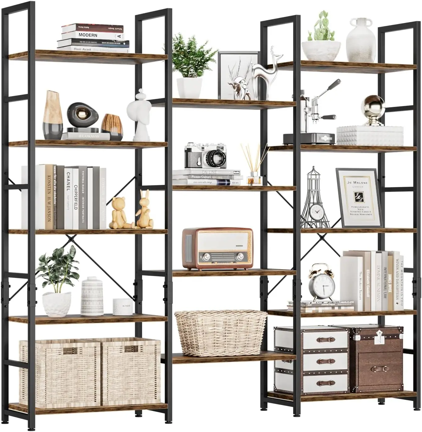 Rural industrial style bookshelf with 14 open shelves, suitable for bedrooms, living rooms, and home offices