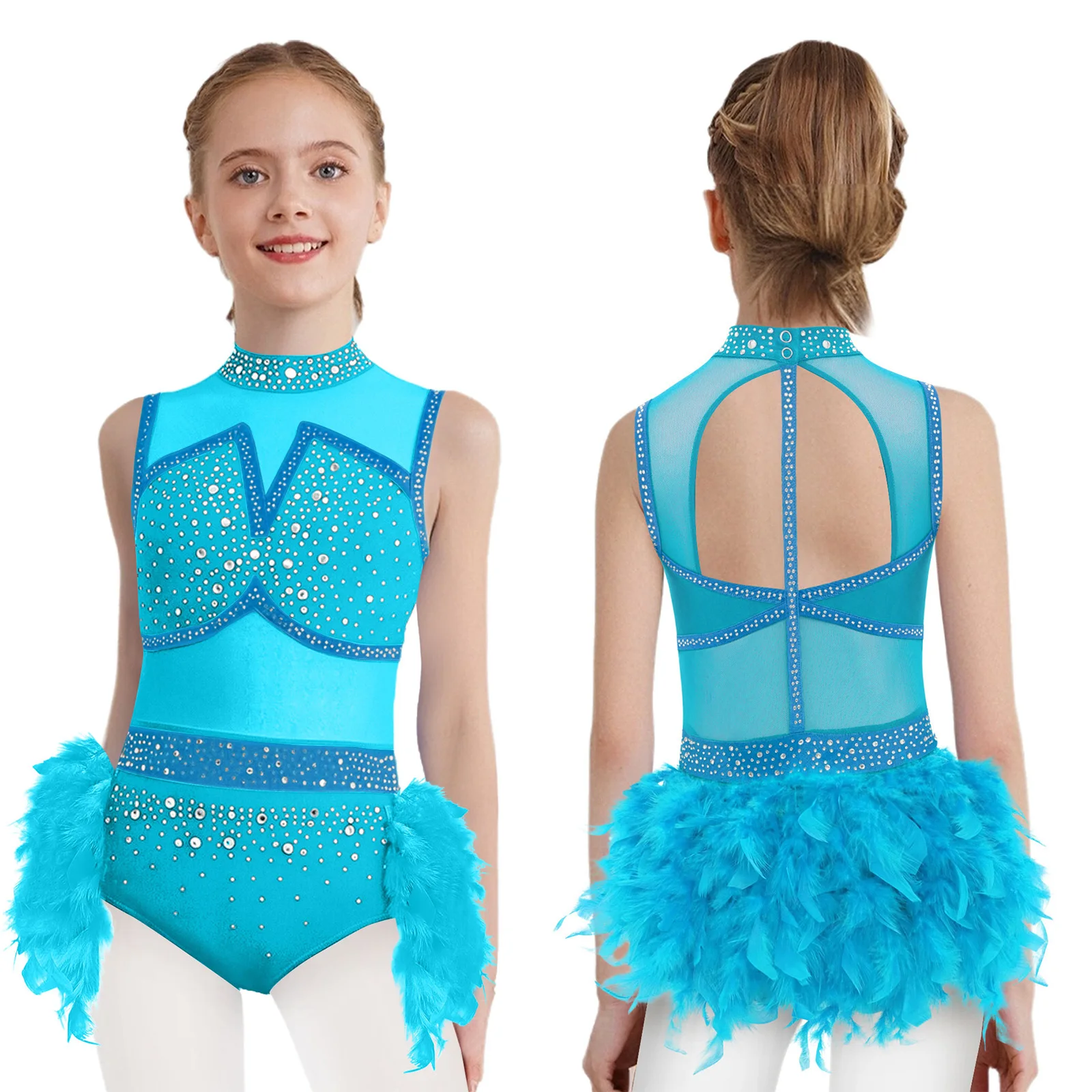 

Girls Rhinestones Feather Dance Leotard Ballet Tutu Skirted Bodysuit Unitard Figure Skating Jazz Latin Dance Performance Costume