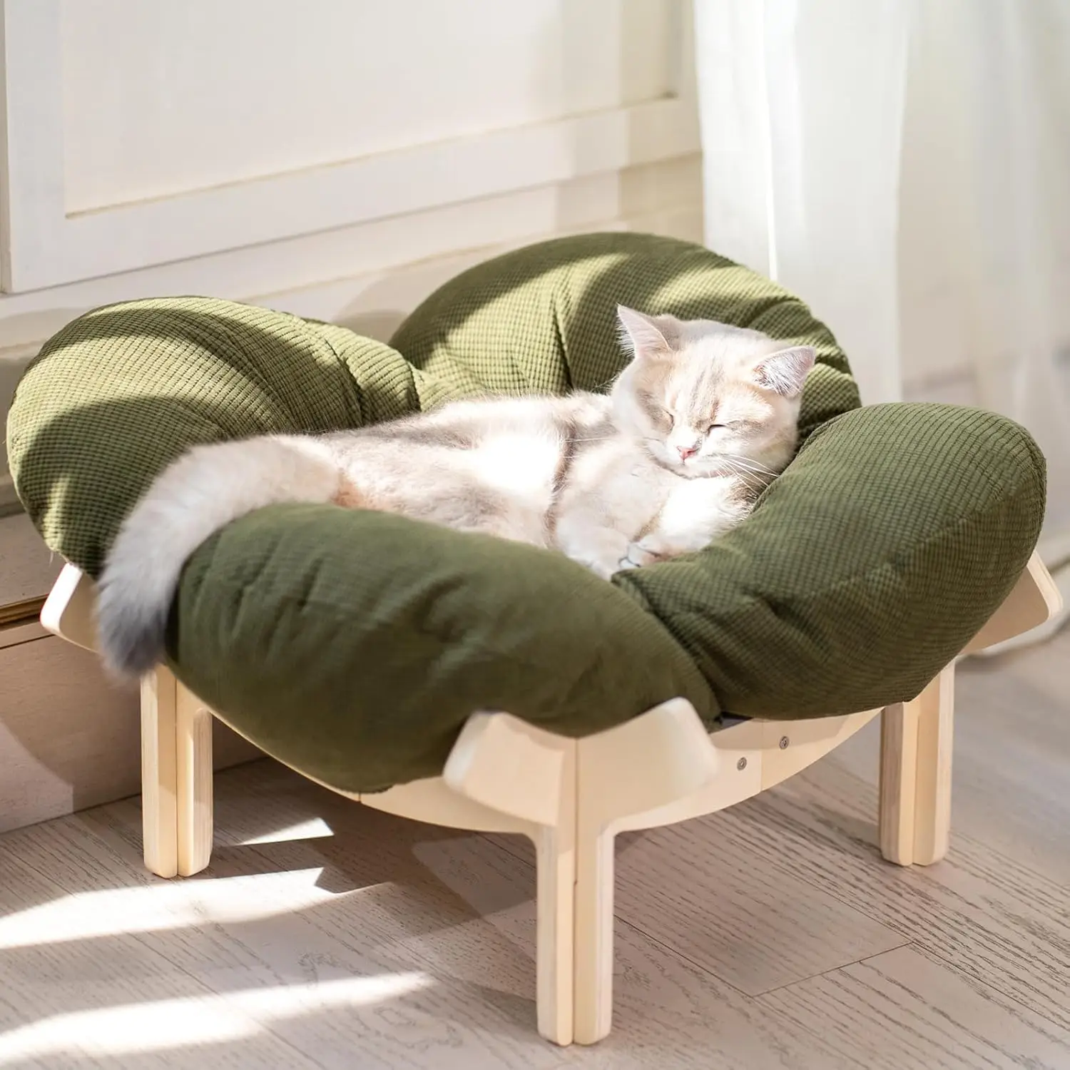 Elevated Cat Bed with Cushion, Wooden Pet Sofa for Indoor Cats and Puppies, Green Furniture