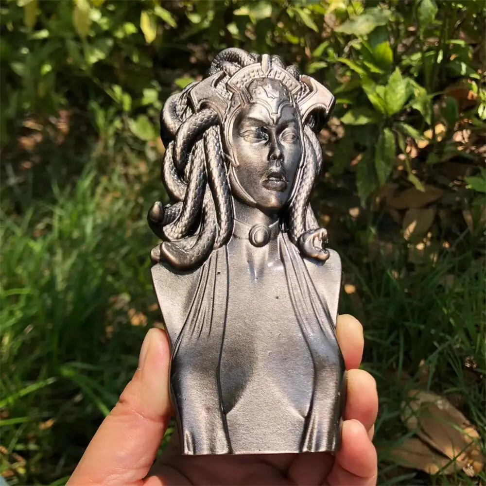 Natural Silver Obsidian Medusa Statue Carving Energy Healing Polished Mineral Home Decor Ornament Figurine for Stress Relief