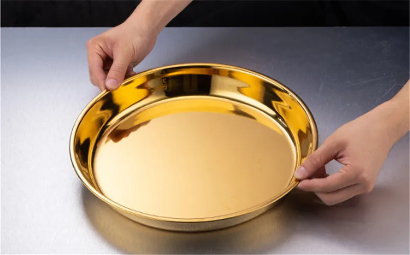 Gold golden stainless steel big round tray plate thick Serving Tray Plater steak Dish Dinner Serving Tray BBQ Grill Meat Dishes