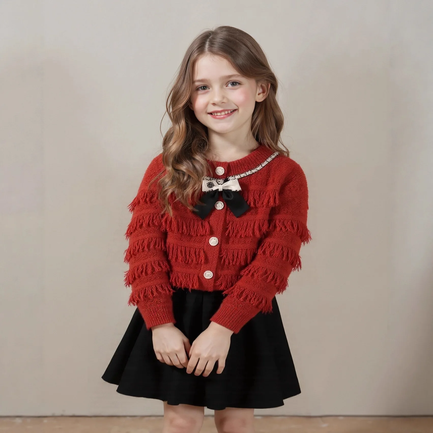 2025 Spring Autumn Winter New Girls Knitted Set Fashionable Korean Small Fragrant Style Cardigan Pleated Skirt Two-piece Set