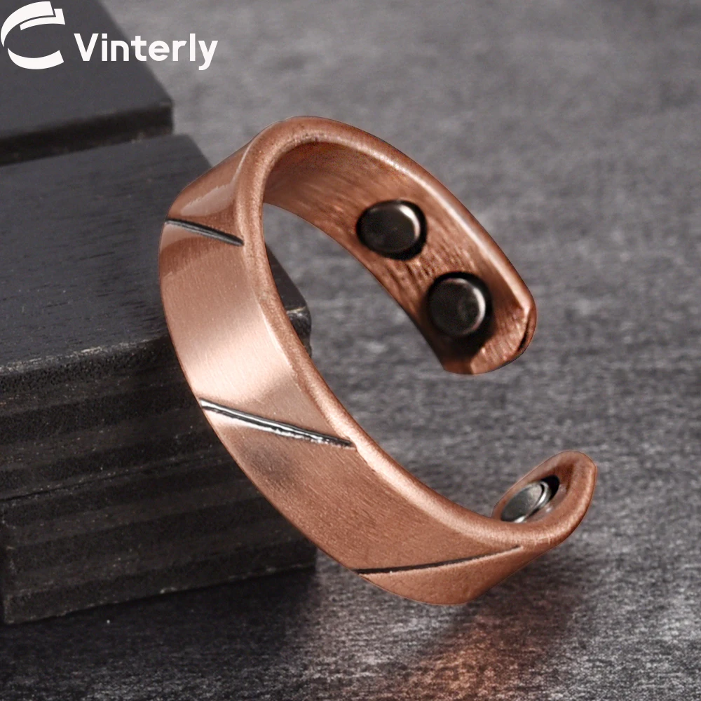 Vinterly Pure Copper Magnetic Rings for Men Women Adjustable Soft Metal High Magnet Line Open Cuff 6mm Wide Resizable Jewelry