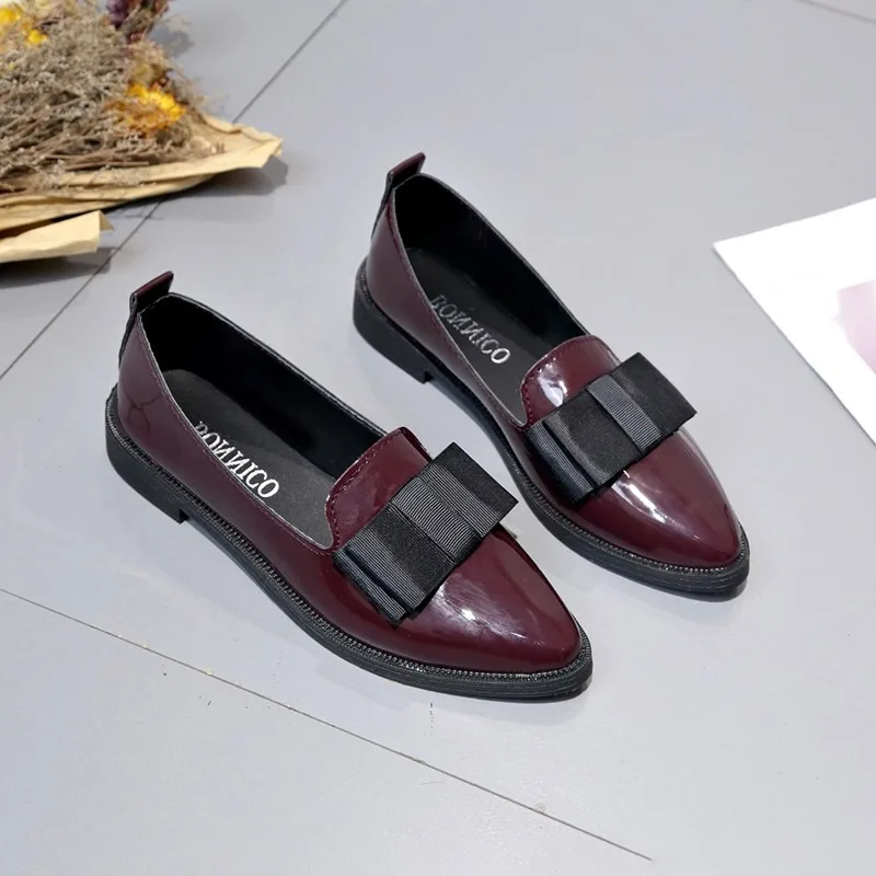 Spring Autumn Pointed Toe Chunky Heel Loafers Large Size Non-slip Flats Chausure Femme Women's Leather Shoes British Style