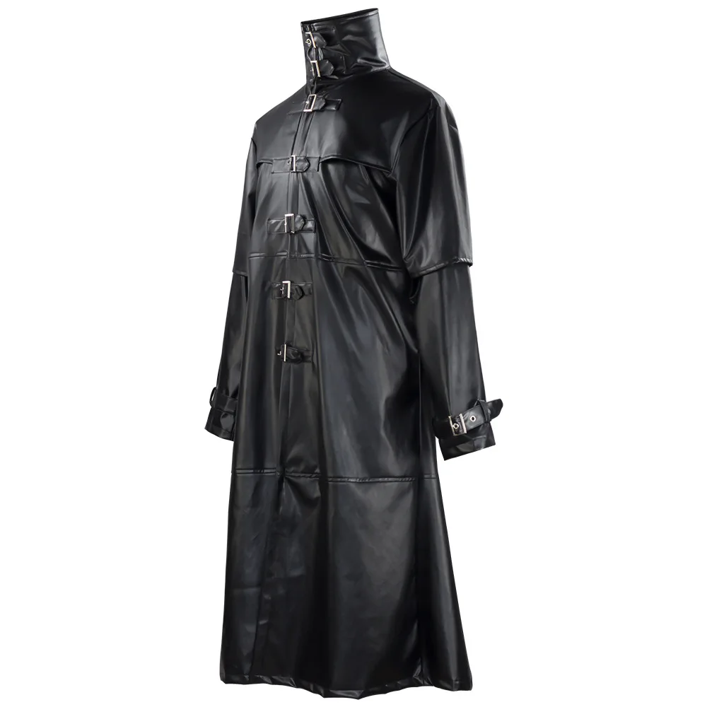 Men Plague Doctor Cosplay Costume Medieval Vintage Long PU Leather Coat Snap Button Gothic Steampunk Overcoat for Halloween view 2