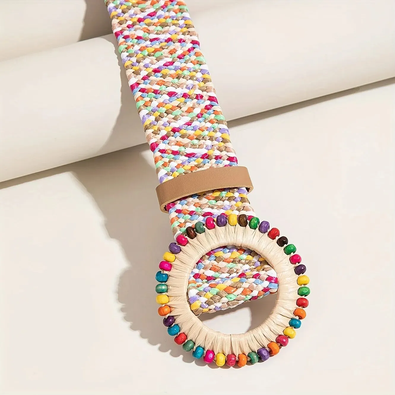 Women Boho Colorful Trendy Straw Belt Trendy Round Buckle Wide Belts Classic Summer Beach Waistband For Women Girls