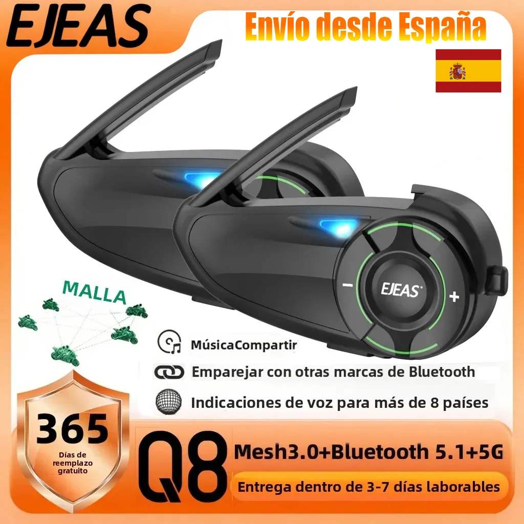 Envío desde España EJEAS Q8 casco de motocicleta malla 3,0 intercomunicador auriculares Bluetooth 5,1 aplicación para compartir música interfono de red