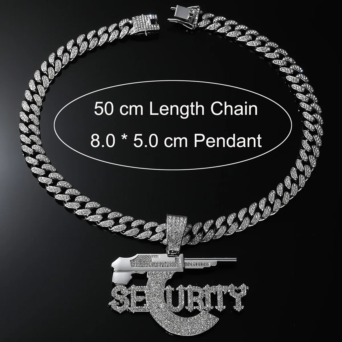 Fashion Full Diamond Sniper Rifle SEURITY Letter Pendant Men's Personality Cuba Chain Pendant Jewelry Accessories.