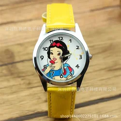 Disney-Relógio infantil de couro branco neve, pulseira de vidro, fivela de pino, presente para meninos e meninas, presente, estilo