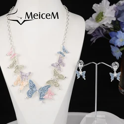 MeiceM Butterfly Necklace Set Fashion European Necklaces Drop Earrings Wedding Bridal Pink Enamel Jewelry Sets for Women Gift