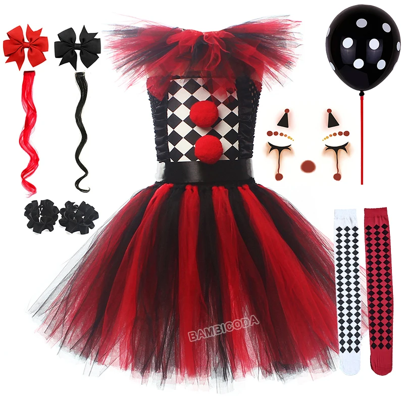 2026 Terrifier Clown Costumes for Girls Scary Killer Circus Clowns Outfit for Carnival Party Creepy Clothes Halloween Tutu Dress