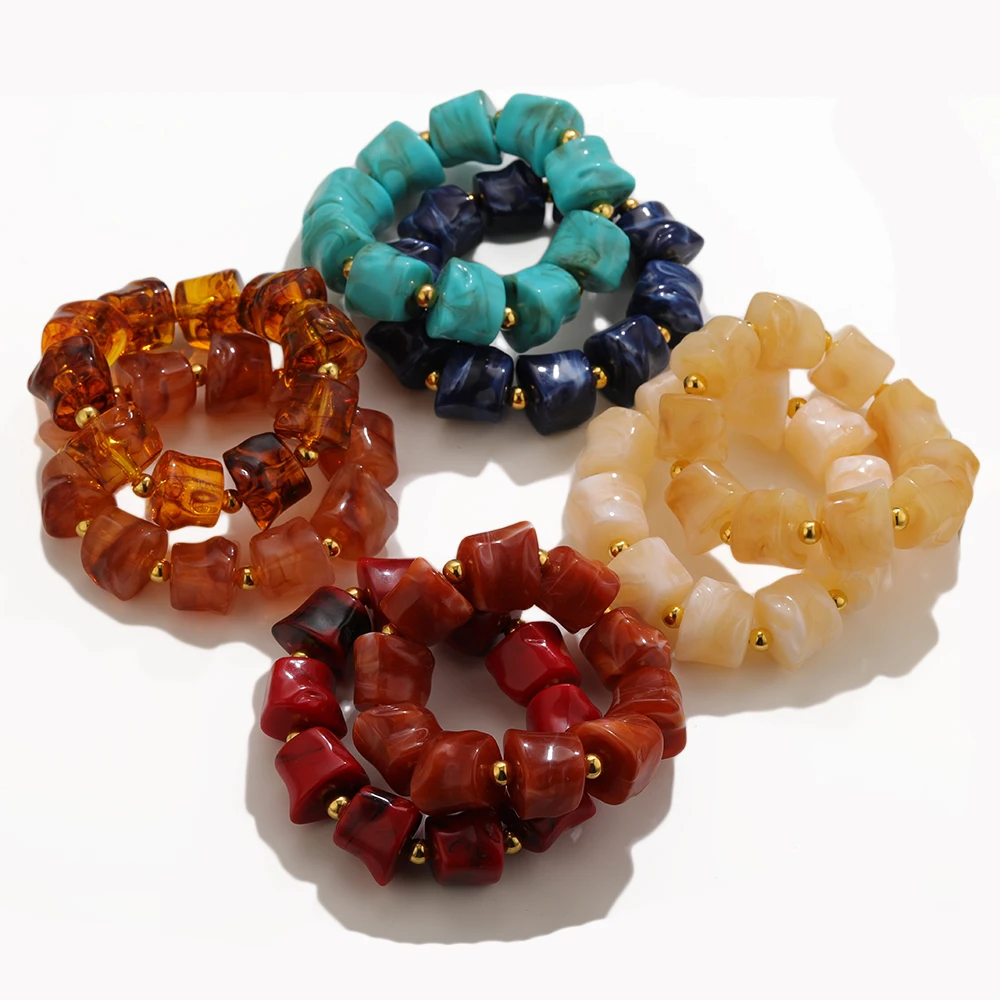 18K PVD Gold Stainless Steel Acrylic Bead Stretch Bracelet Irregular Turquoise Marble Beads Women Stackable Jewelry Accessories