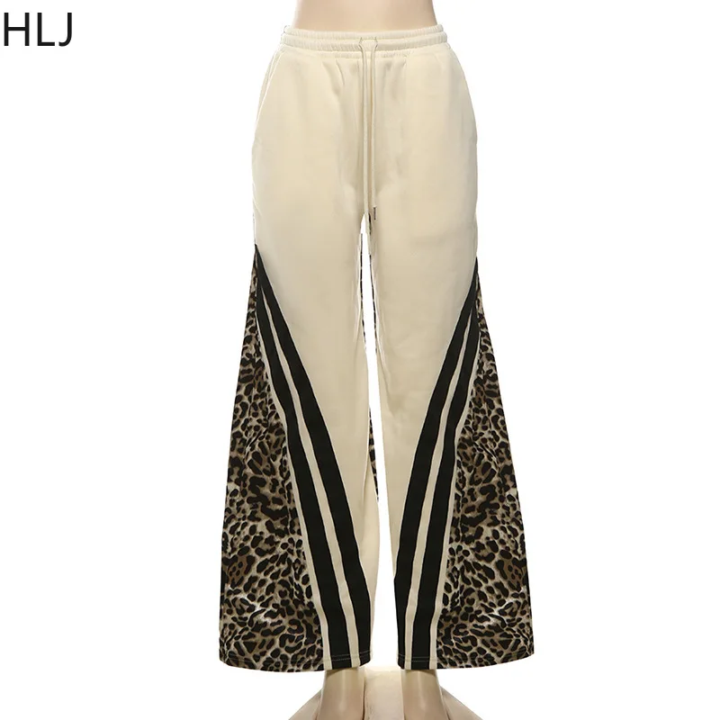 HLJ Y2K Fashion Leopard Stitching Drawstring Jogger Pants Two Piece Sets Women V Neck Tshirt + Pants Outfits Female Sporty Suits