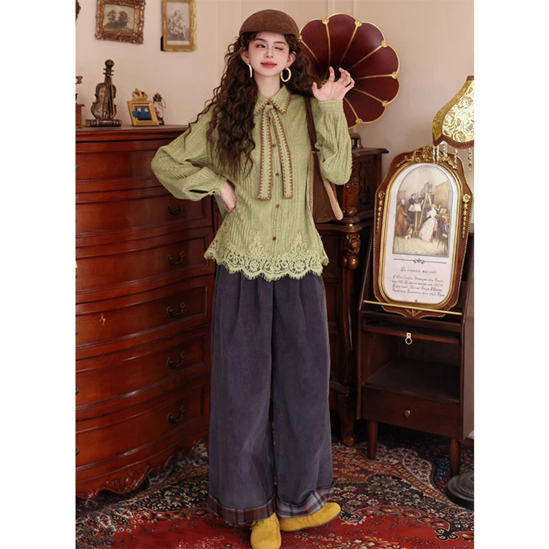 MEXZT قمصان دانتيل عتيقة للسيدات بلوزات هاراجوكو بربطة عنق مرقعة للخريف والشتاء ملابس الشارع الكورية بأكمام طويلة تصميم غير رسمي