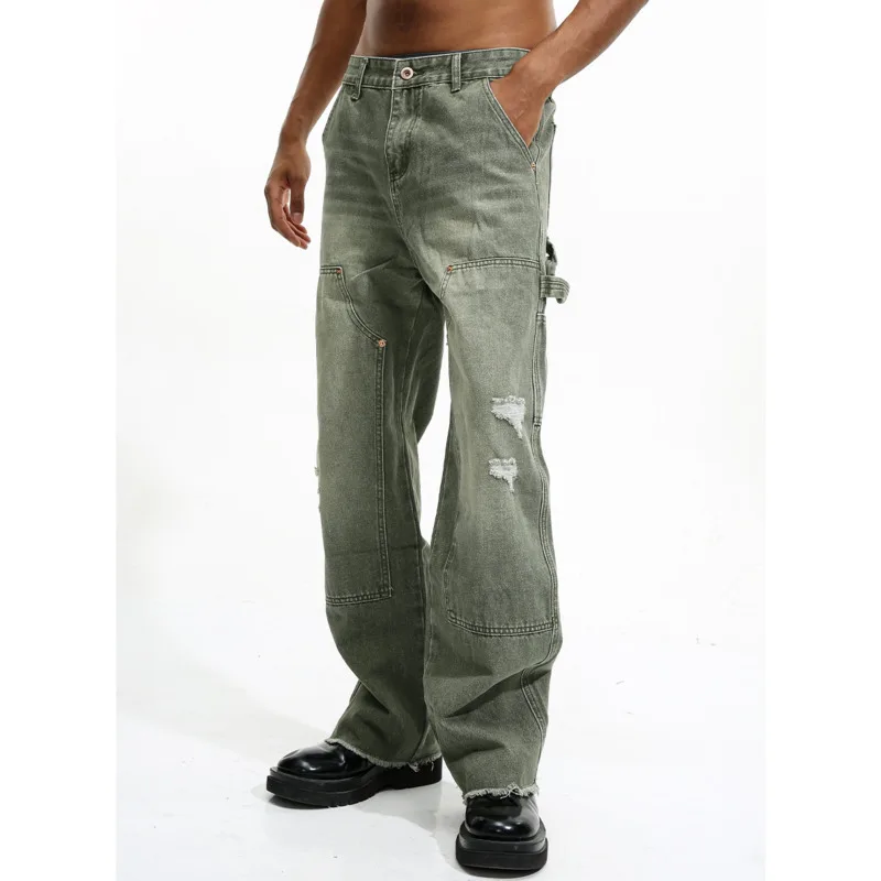 سراويل كاجوال متعددة الاستخدامات شبابية وعصرية للرجال مع فتحات وطيات، جينز فضفاض بأرجل مستقيمة #4