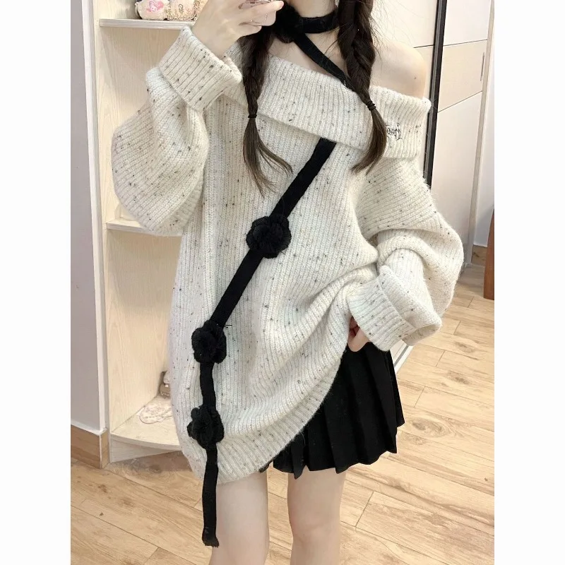 

Women Autumn Winter Long Off-Shoulder Floral Sweater Mini Pleated Skirts 1 or Two Piece Set Lady Fashion Knitted Tops Skirt Suit