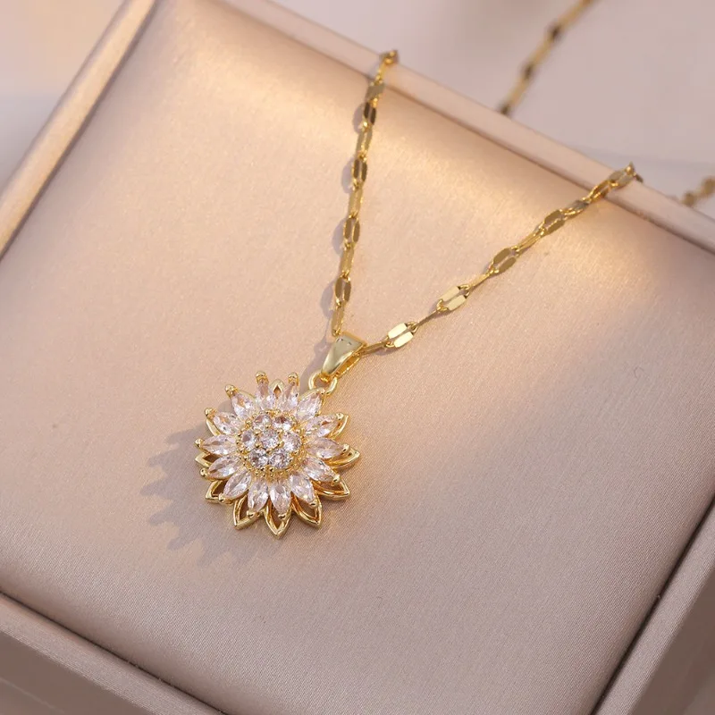 Double-layer Rotatable Sunflower Necklaces for Women Girl Zircon Flower Pendant Chain Choker Stainless Steel Jewelry Accessories