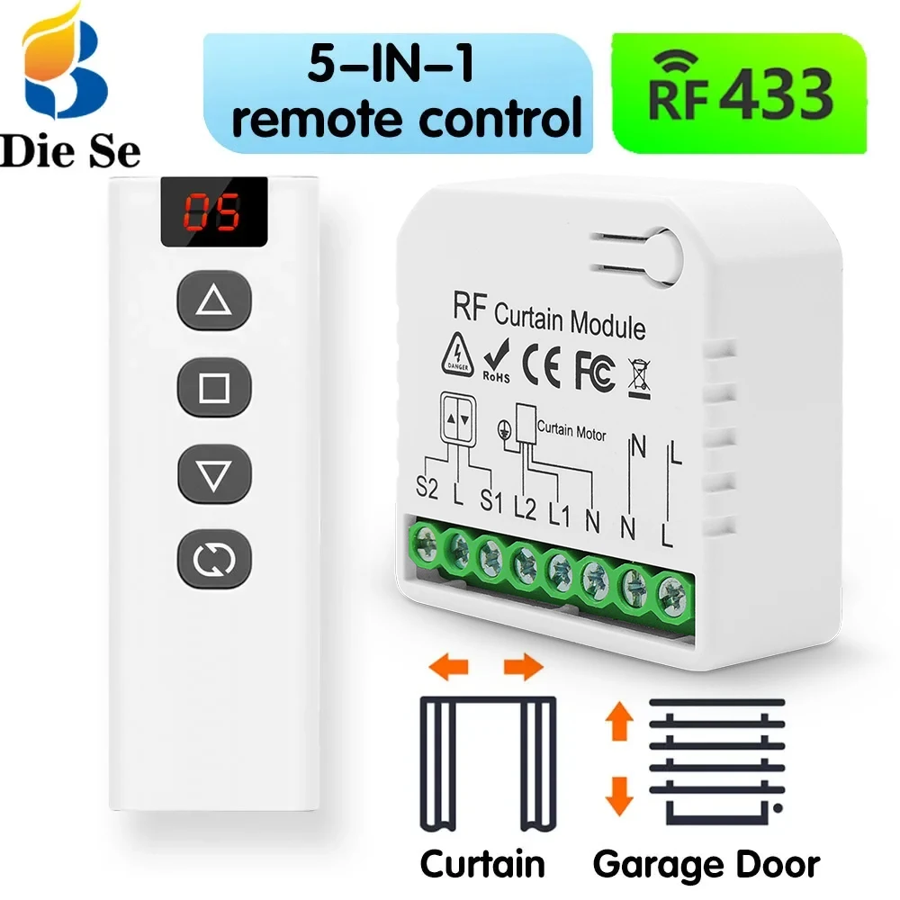 433MHZ RF Wireless Curtain Garage Door Module Remote Control Roller Shutter Switch,for Curtain Garage Door,Smart Blinds