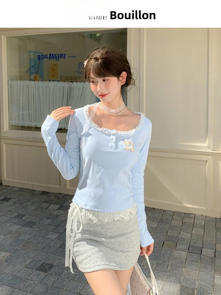 

Cute Embroidered Thin Long Sve T-irt Women's Base Layer Top Slimming Fit Cotton Polyester Blend Autumn New Arrival