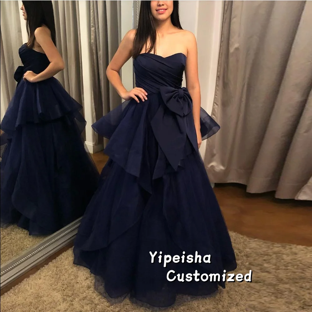 

Customized Strapless Prom Dress for Women Cascading Ruffles A Line With Bow Ball Gown Tiered Ruffle Evening Party Dresses