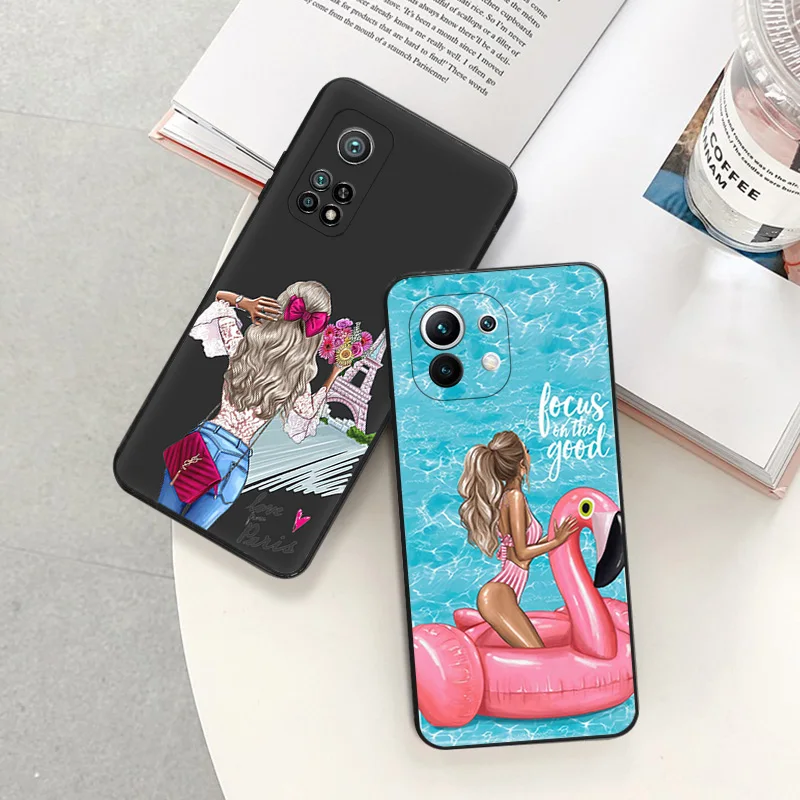 Phone Case For Redmi 10C 10A Note 11 Pro 10 s 11s Cartoon Summer Girl Travel BFF Xiaomi 10t 11t Lite Black Soft Protective Cover