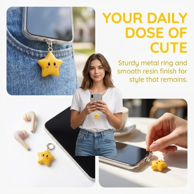 Lindo Tapón de Polvo para Teléfono Estrella Amarilla 3D Accesorios Decoración Colgante Para iPhone Para Samsung Tipo-C Puerto de Carga 2