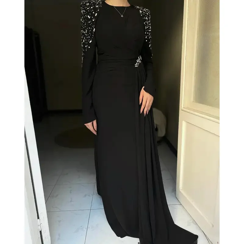 

Aenyrst Elegant Black Beaded Prom Gown Women O-Neck Long Sleeve Evening Dress Floor Length Formal Occasion Gowns customized 2025