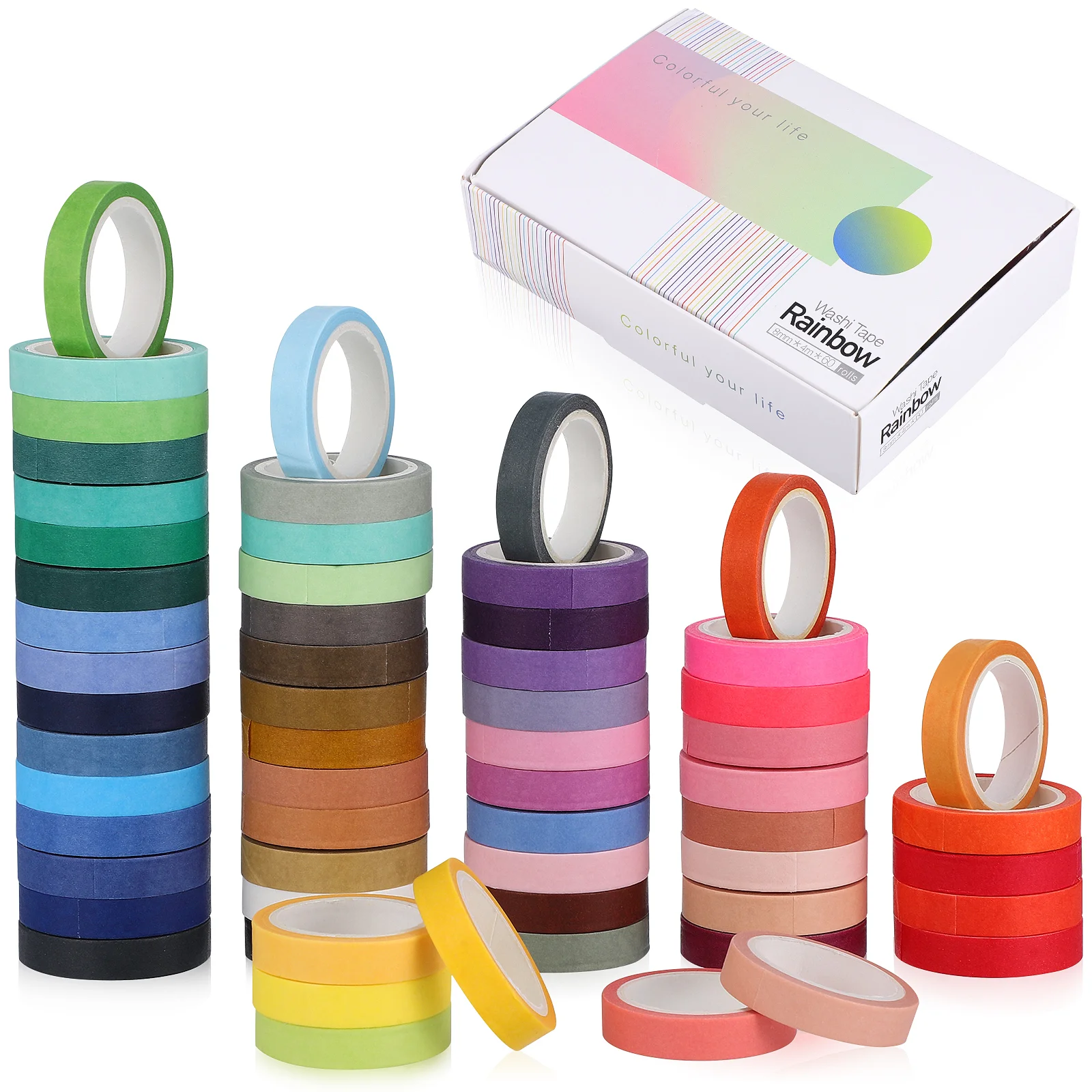 60 Rolls Japanese Paper Adhesive Tape Rainbow Scrapbook Neutral Washi Colored Masking