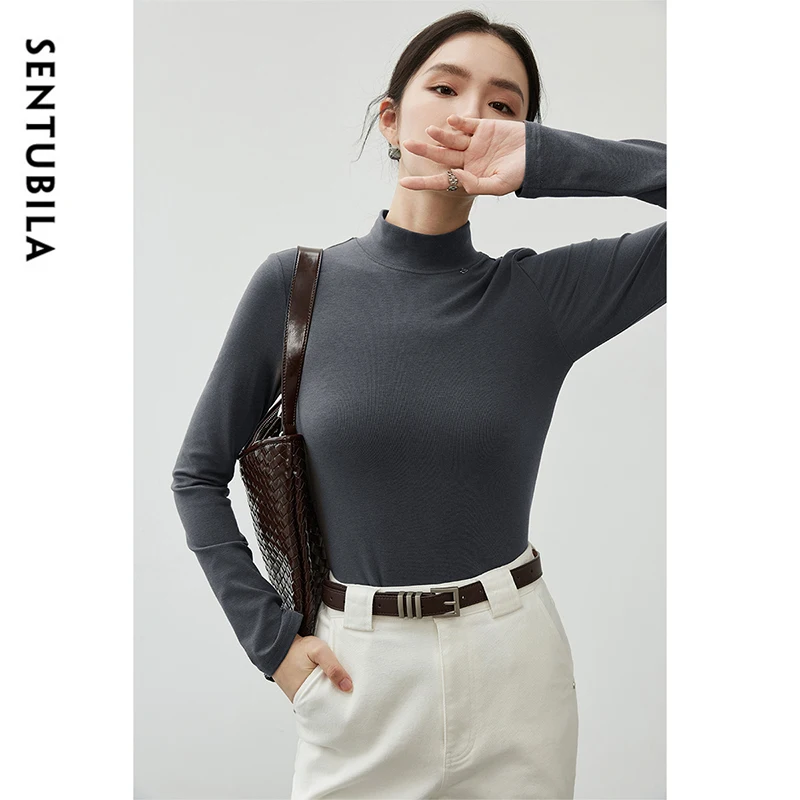 SENTUBILA Simple Cotton T-shirt Women 2024 Autumn Commute Solid Basic Half High Collar Long Sleeve Tops Female Clothes 143T56532