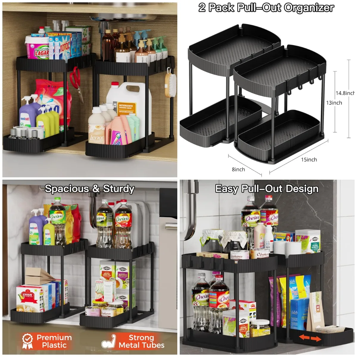 

2 Pack Pull-Out Storage Organizers, 14.8' Black Under Sink & Cabinet Organizer for Kitchen & Bathroom