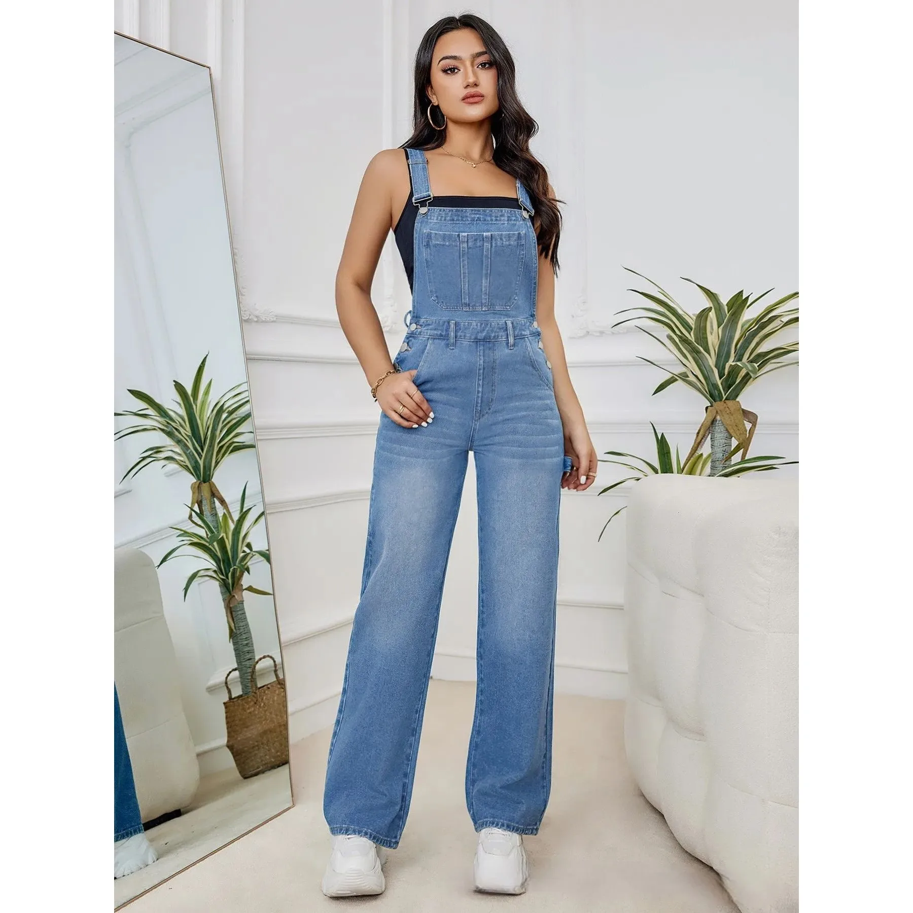 

Hot S Women's Low Waist Denim Bib Jumpsuits Casual Svel Adjustable ort Pants 00% Cotton Spring Faion Ladies' On...