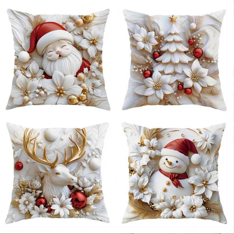 

4pcs Christmas Cushion Cover Santa Claus Snowman Dwarf Printed Durable Cover 2025 New for Home Ornament Xmas New Year Decoration