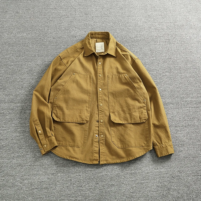 May Khaki vintage overalls men's cotton bead canvas woven bump nail pocket lapel to make old washed jacket