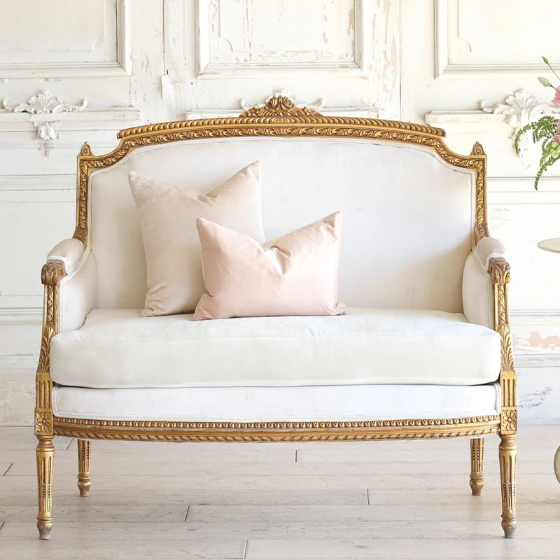 

Golden luxury retro solid wood double triple sofa villa living room studio photography furniture