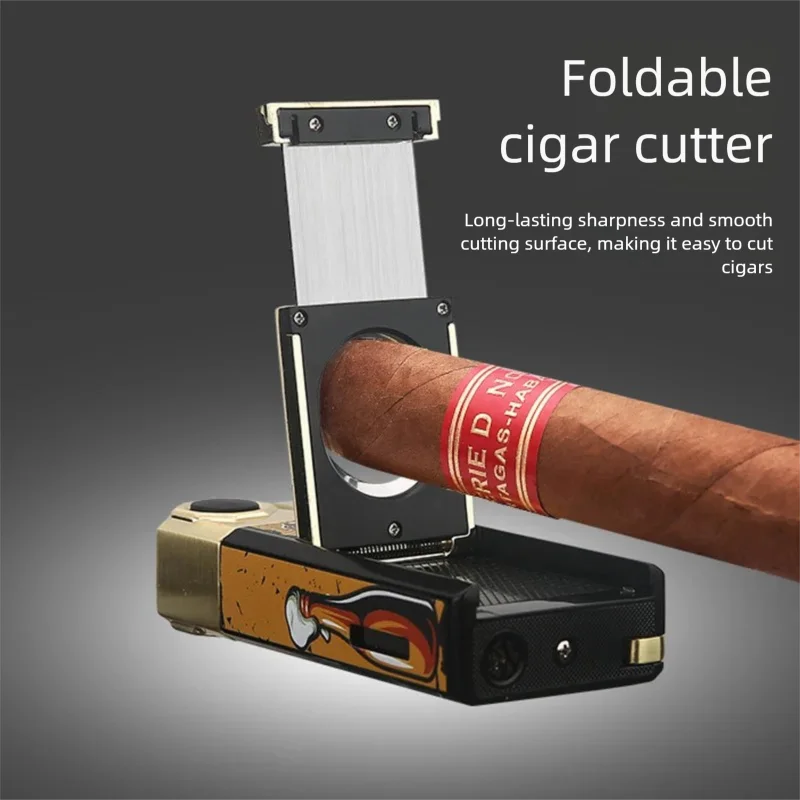 New Honest Windproof Lighter with Cigar Needle Cigar Cutter, Inflatable Blue Flame Direct Men's Gift Lighter
