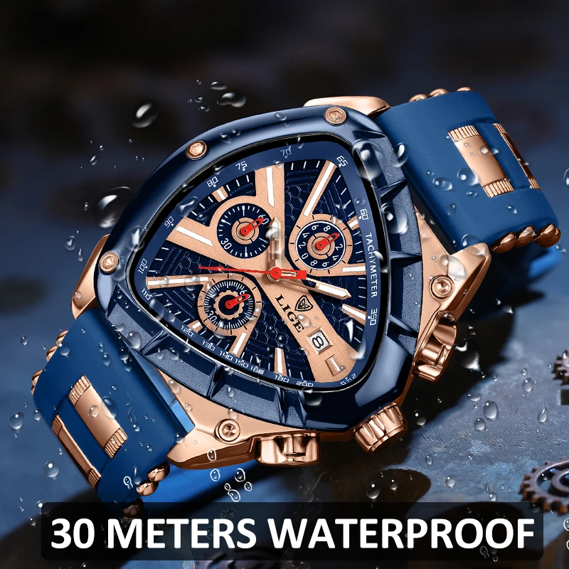 LIGE Sports Triangle Mens Watches Luminous Pointers Fashion Rubber Strap Military Irregular Quartz Wristwatch Waterproof Watch