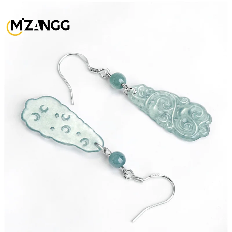 Natural Jadeite Blue Water Mascot Earrings S925 Silver Inlaid Hand-carved Exquisite Ancient Style Ice Jade Earrings Ladies Gift