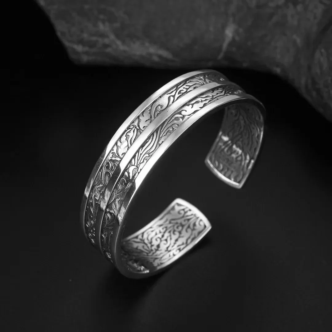 

Wholesale Bracelets for Men's S925 Sterling Silver Adjustable Retro Personalized Embossed Tang Grass Pattern Exaggerating