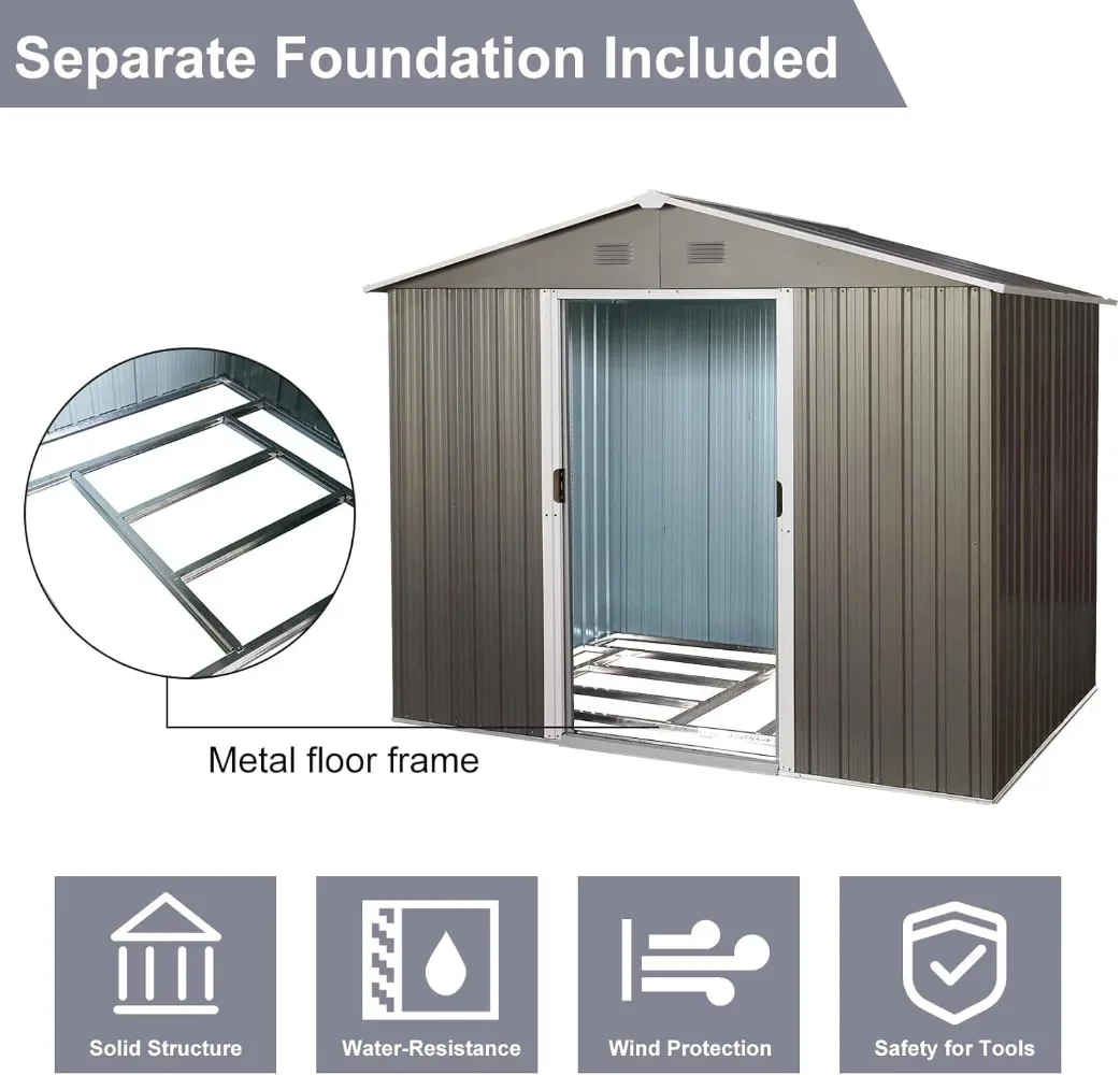 8 x 6 FT Outdoor Storage Shed, Metal Garden Shed with Floor Frame, Large Tool Shed Outdoor Storage with Lockable Sliding