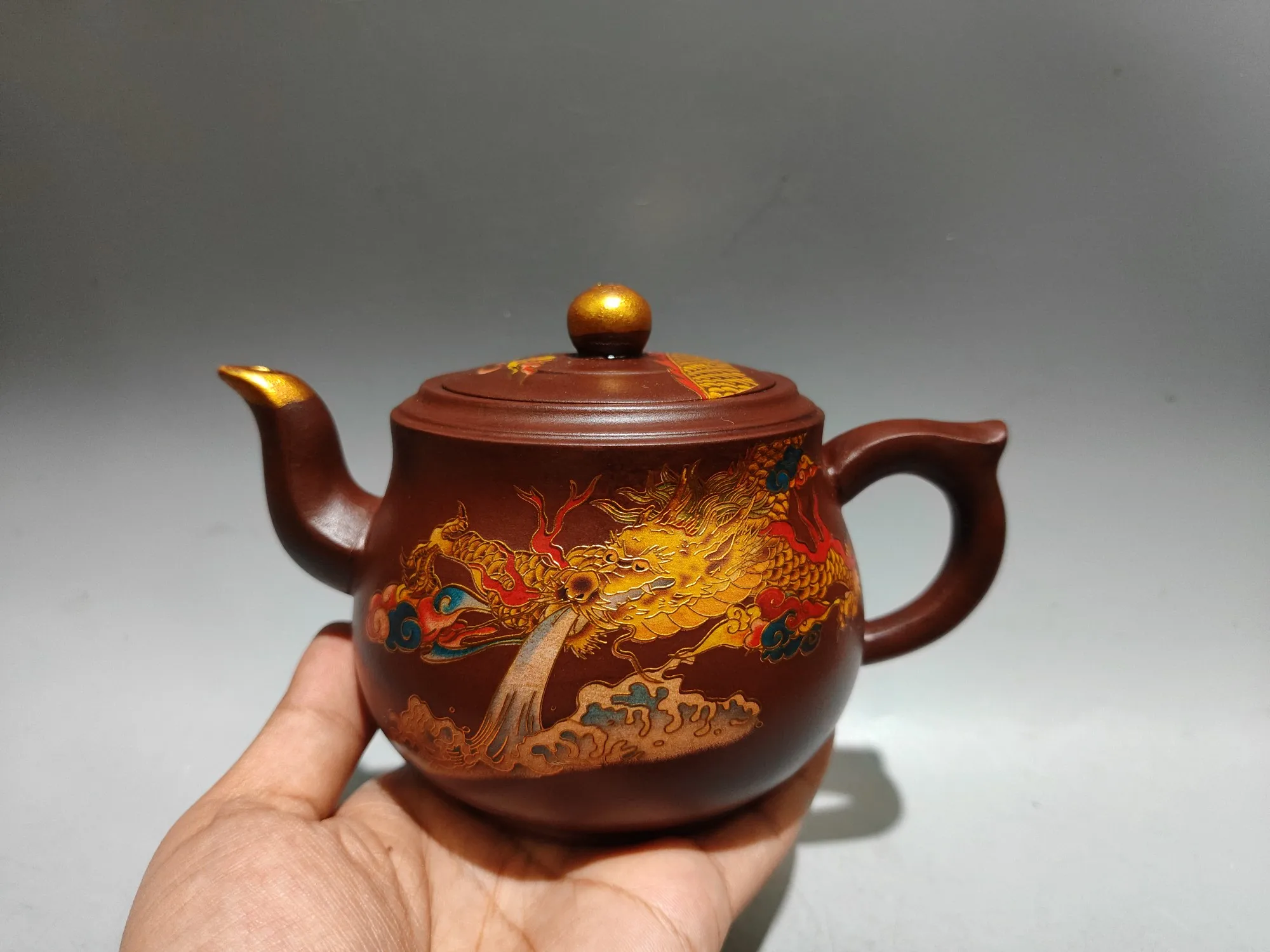 Purple Clay Pot Painted Dragon patterned teapot 3 cups Yellow God of Wealth Buddha a set Kettle Teapot Pot Tea