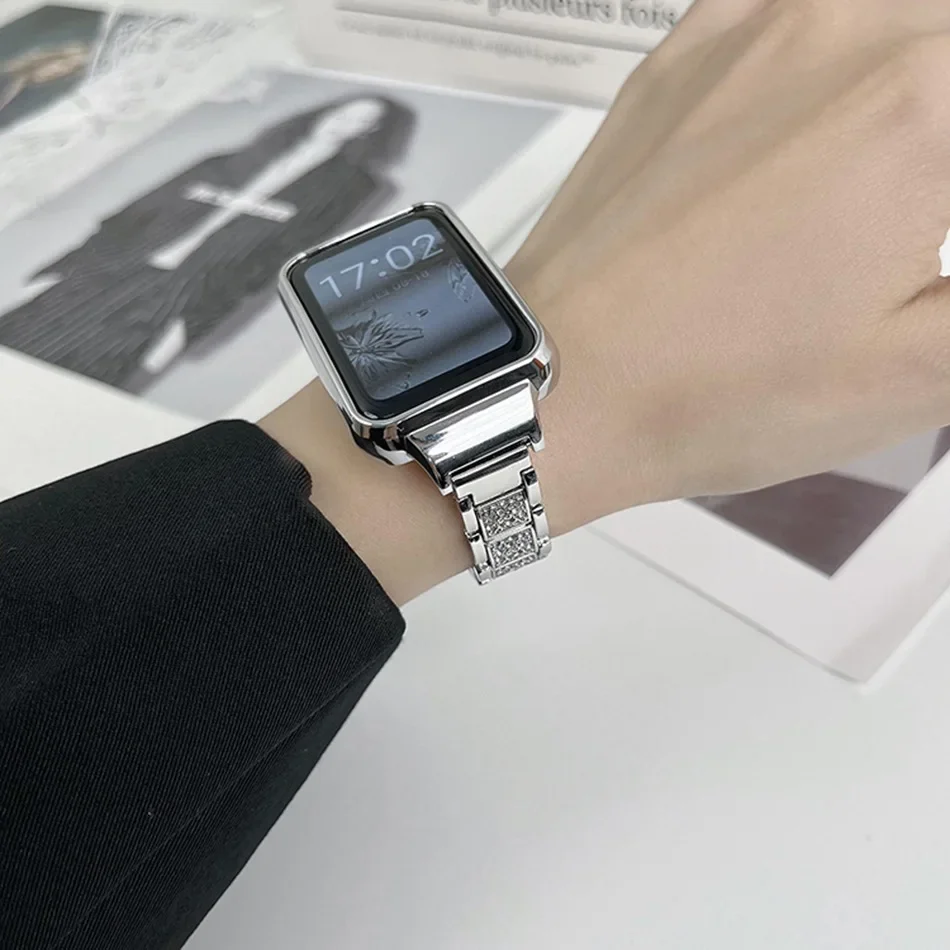 สายรัดข้อมือสำหรับวง Xiaomi Mi 7 สายนาฬิกา Pro พร้อมเคสโลหะหรูหรากลิตเตอร์เพชรสร้อยข้อมือสแตนเลสสำหรับ Miband 7 Pro