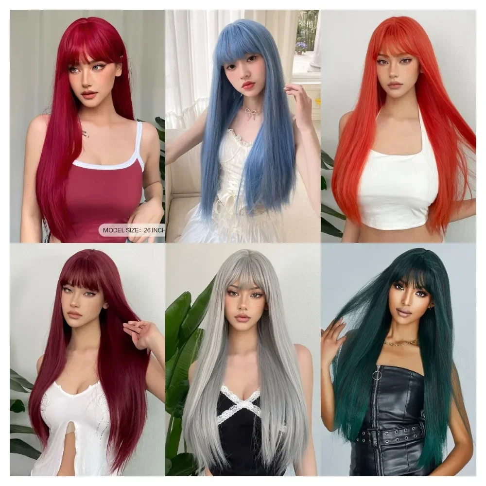 

Woman Wigs Fashion Mixed colour Synthetic Wigs with Bang Long straight Hair Wig for Women Daily Cosplay Use Heat Resistant wig