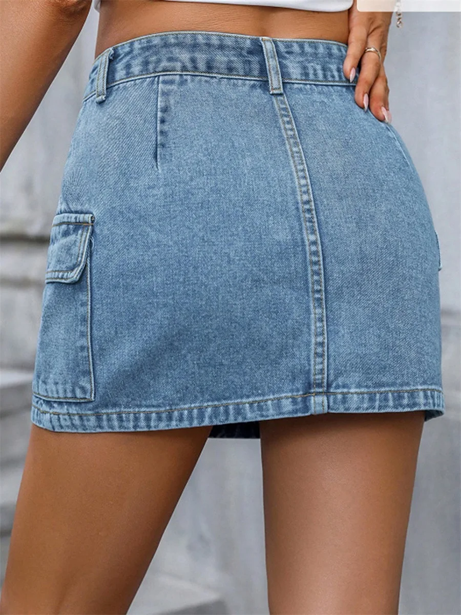 Women's Denim Bodycon Short Skirts Solid Color Multi-Pockets Summer Package Hip Mini Skirts