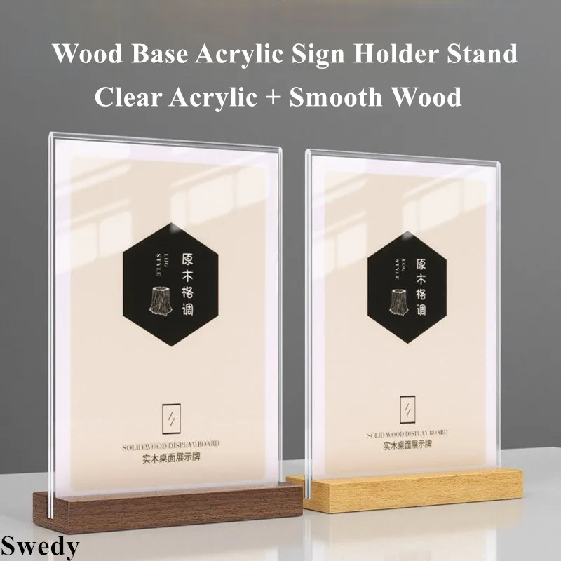 A6 100x150mm Double Side Wood Base Photo Picture Holder Price Label Card Restaurant Acrylic Table Menu Sign Holder Display Stand